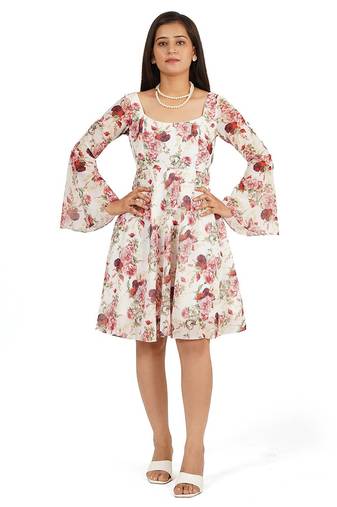 Red rose digital printed fit & flare dress