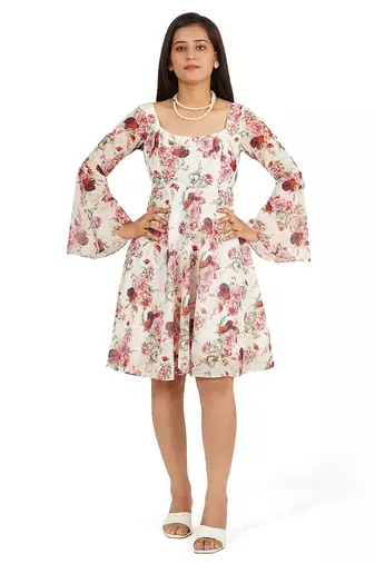 Red rose digital printed fit & flare dress