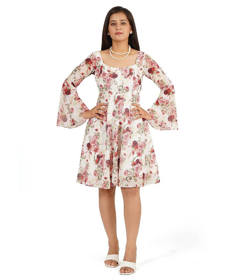 Red rose digital printed fit & flare dress