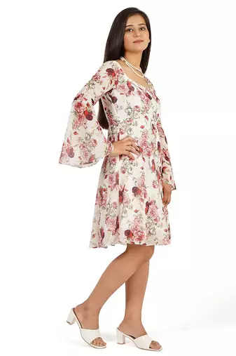 Red rose digital printed fit & flare dress