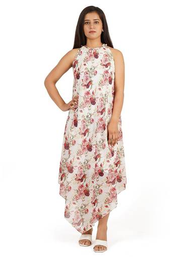 Red rose digital printed tiered long dress