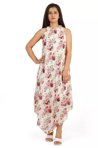 Red rose digital printed tiered long dress