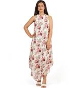 Red rose digital printed tiered long dress