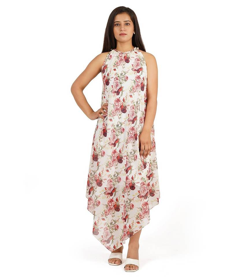 Red rose digital printed tiered long dress