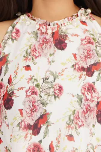 Red rose digital printed tiered long dress