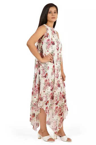 Red rose digital printed tiered long dress