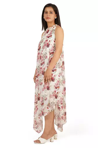 Red rose digital printed tiered long dress