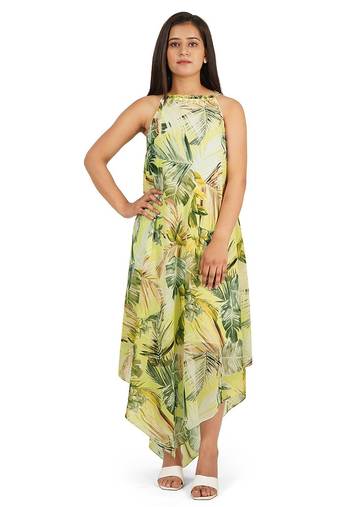 Green leaves digital printed western dress