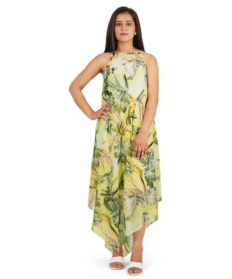 Green leaves digital printed western dress