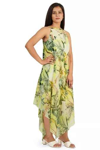 Green leaves digital printed western dress
