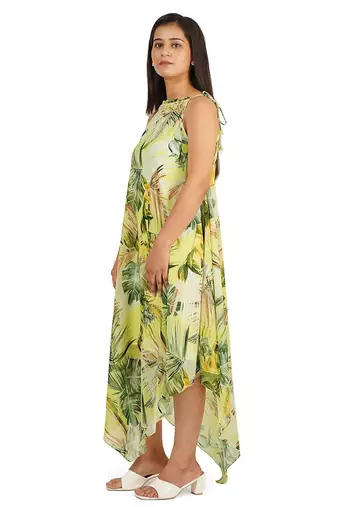 Green leaves digital printed western dress