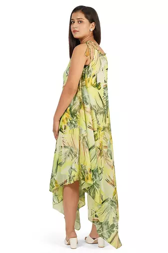Green leaves digital printed western dress