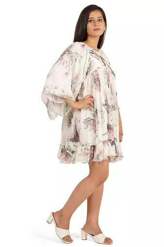 Flower digital printed gathered tunic dress