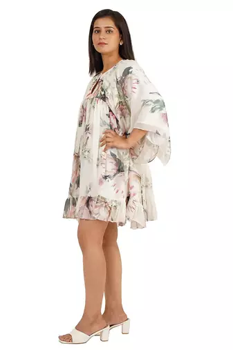 Flower digital printed gathered tunic dress