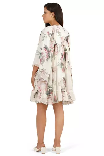Flower digital printed gathered tunic dress