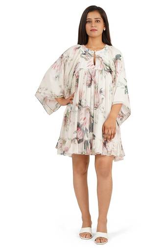 Flower digital printed gathered tunic dress