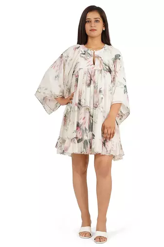 Flower digital printed gathered tunic dress