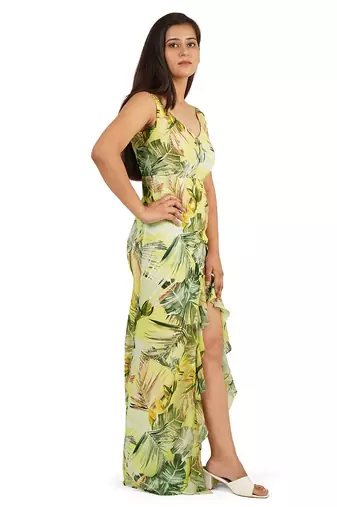 Green leaves digital printed western dress