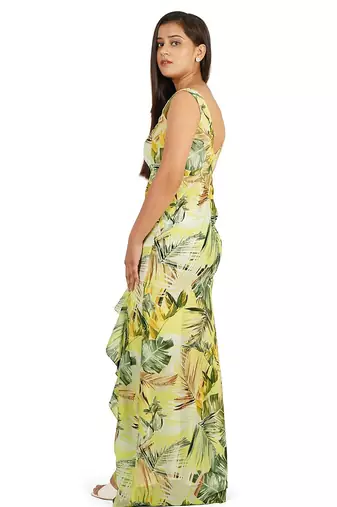Green leaves digital printed western dress