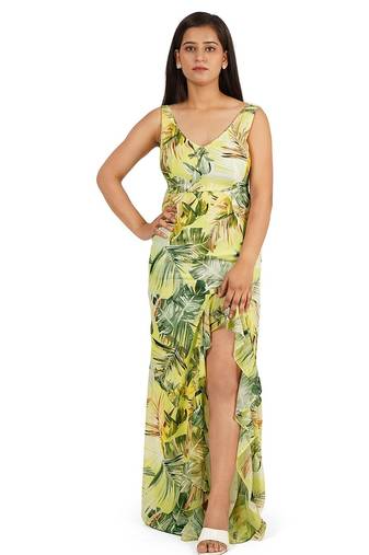 Green leaves digital printed western dress