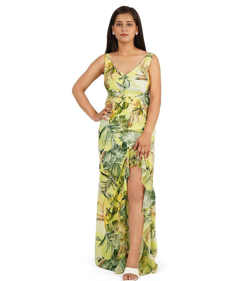 Green leaves digital printed western dress