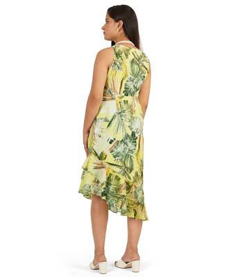 Green leaves digital printed ruffle dress 2