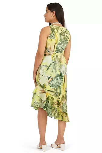 Green leaves digital printed ruffle dress