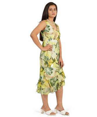 Green leaves digital printed ruffle dress 4