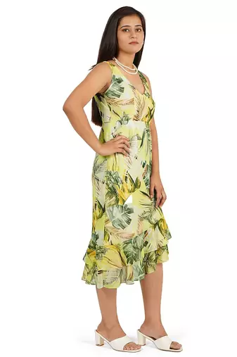 Green leaves digital printed ruffle dress