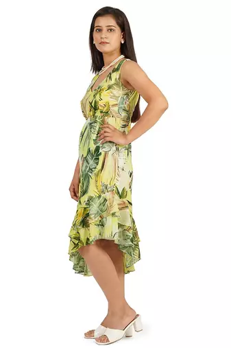 Green leaves digital printed ruffle dress