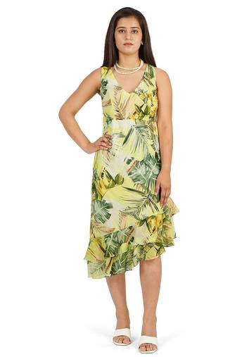 Green leaves digital printed ruffle dress