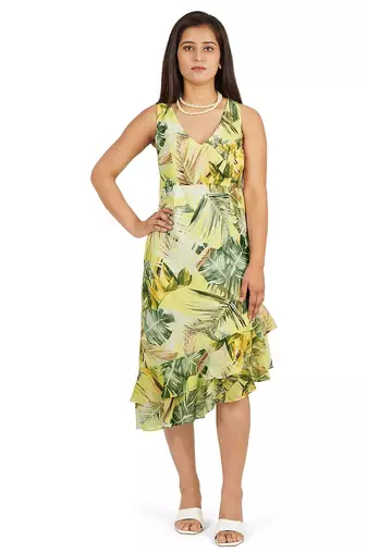 Green leaves digital printed ruffle dress