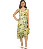 Green leaves digital printed ruffle dress