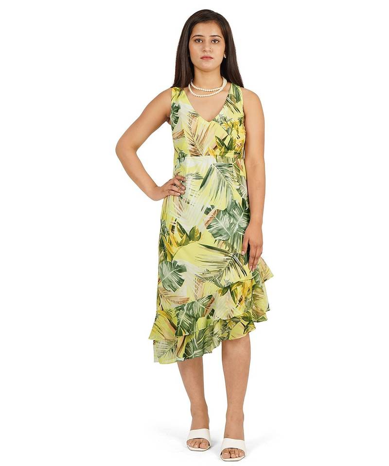 Green leaves digital printed ruffle dress