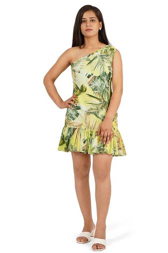 Green leaves digital printed one shoulder short dress