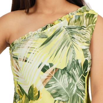 Green leaves digital printed one shoulder short dress 2