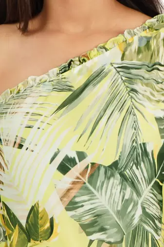 Green leaves digital printed one shoulder short dress