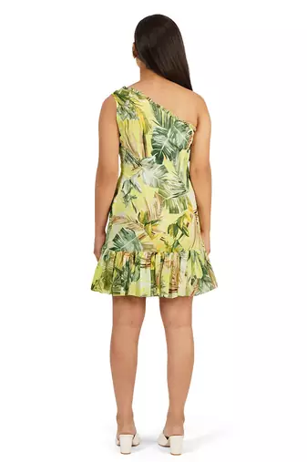 Green leaves digital printed one shoulder short dress