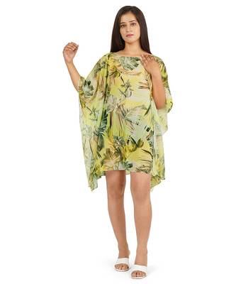 Green leaves digital printed kaftan short dress 1