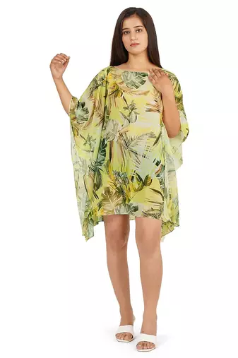 Green leaves digital printed kaftan short dress
