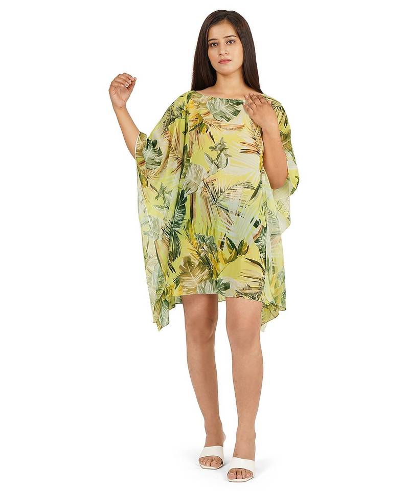 Green leaves digital printed kaftan short dress