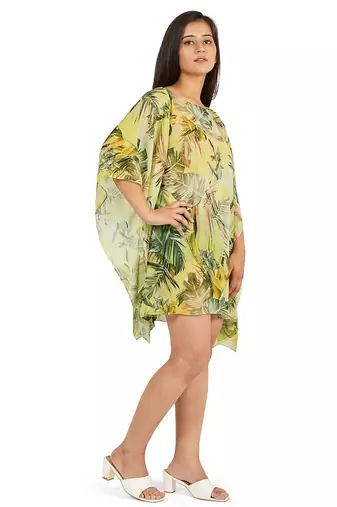 Green leaves digital printed kaftan short dress