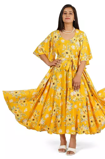 Yellow printed full circle long dress