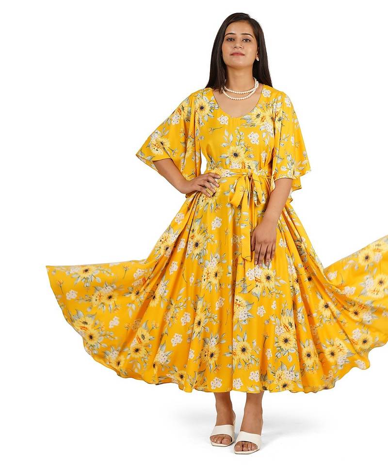 Yellow printed full circle long dress