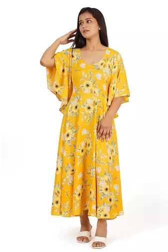 Yellow printed full circle long dress
