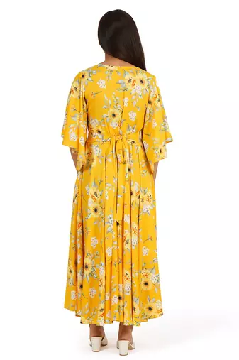 Yellow printed full circle long dress