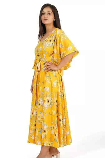 Yellow printed full circle long dress