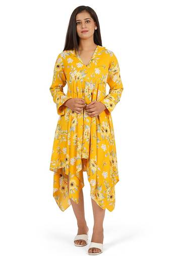 Yellow printed high low full sleeve dress