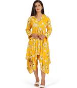 Yellow printed high low full sleeve dress
