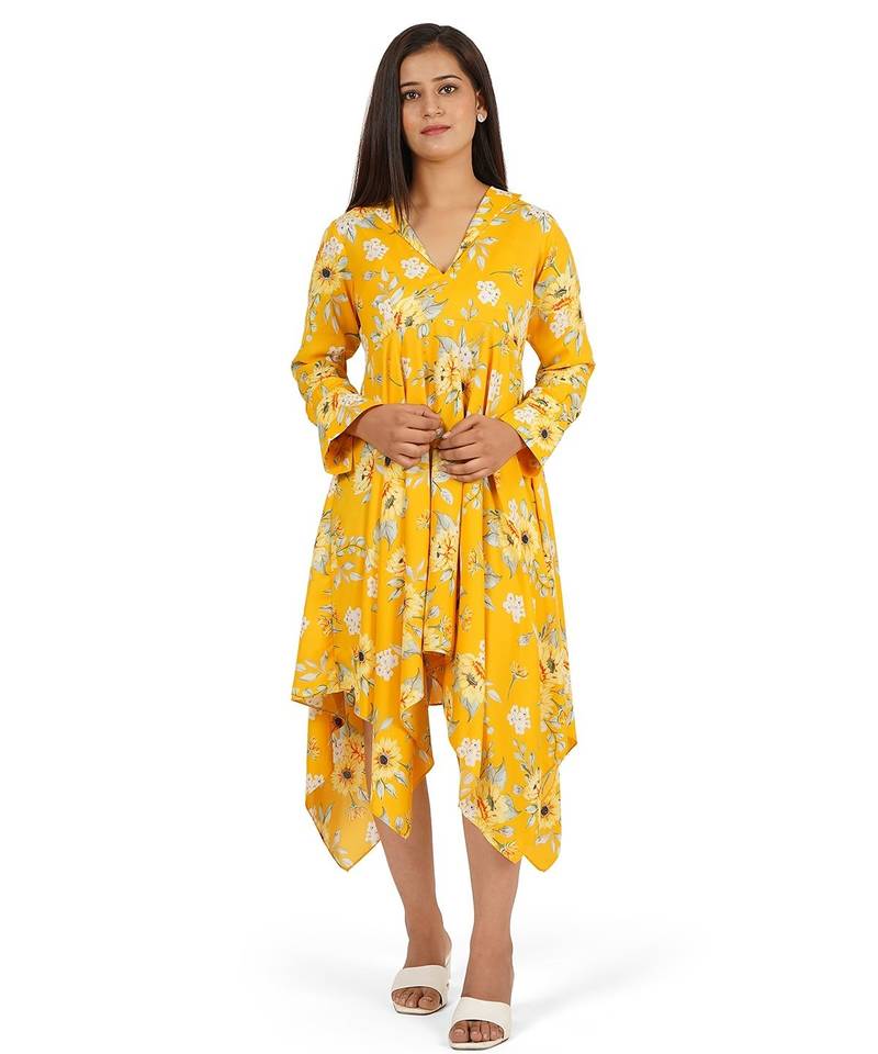 Yellow printed high low full sleeve dress